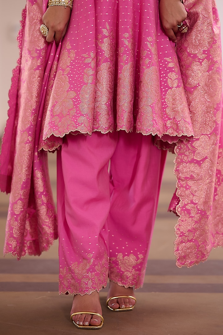Fuchsia Pink Vegan Silk Floral Embellished Wedding Anarkali Set by Safaa at Pernia's Pop Up Shop