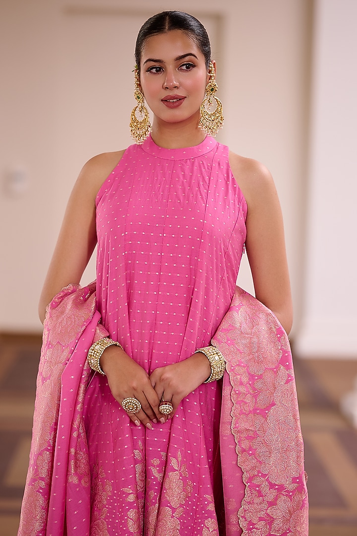 Fuchsia Pink Vegan Silk Floral Embellished Wedding Anarkali Set by Safaa at Pernia's Pop Up Shop