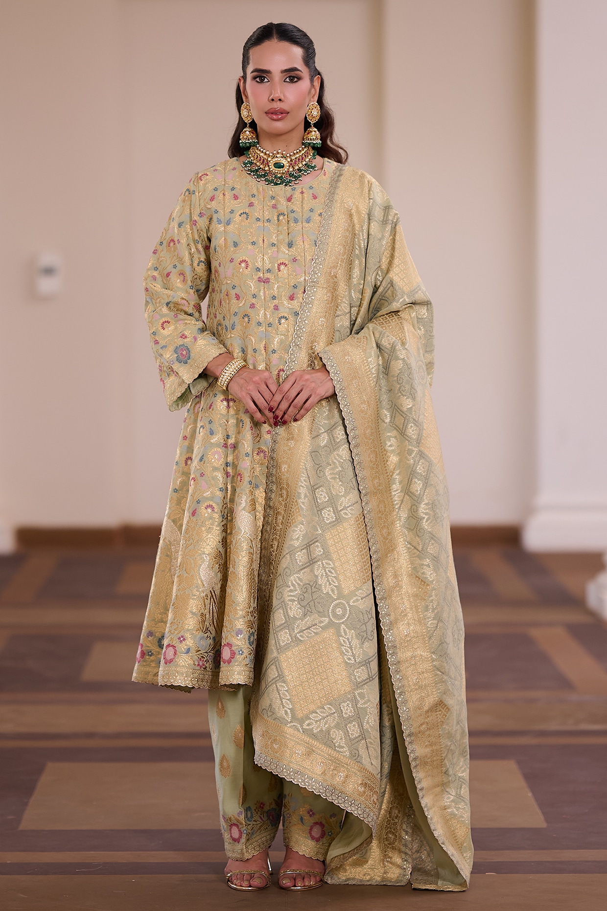 Safaa Sage Green Moonga Silk Meenakari Work Anarkali Set