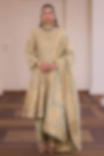 Sage Green Moonga Silk Meenakari Work Wedding Anarkali Set by Safaa at Pernia's Pop Up Shop