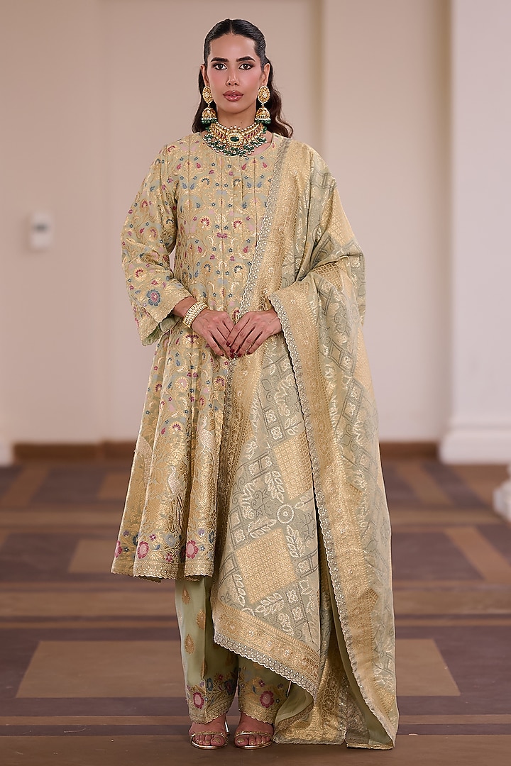 Sage Green Moonga Silk Meenakari Work Wedding Anarkali Set by Safaa at Pernia's Pop Up Shop