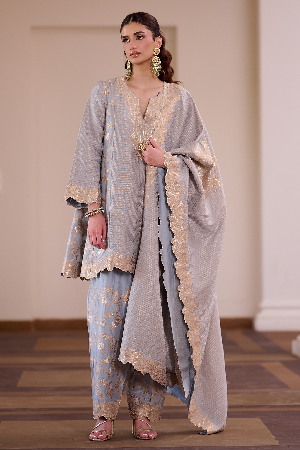 Safaa Cloudy Grey Vegan Silk Printed & Embellished Kurta Set
