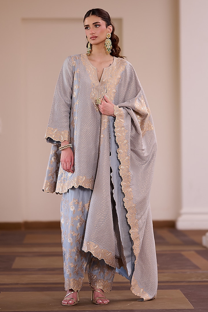Cloudy Grey Vegan Silk Printed & Embellished Kurta Set by Safaa at Pernia's Pop Up Shop