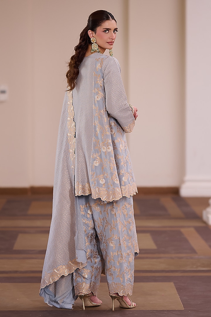 Cloudy Grey Vegan Silk Printed & Embellished Kurta Set by Safaa at Pernia's Pop Up Shop