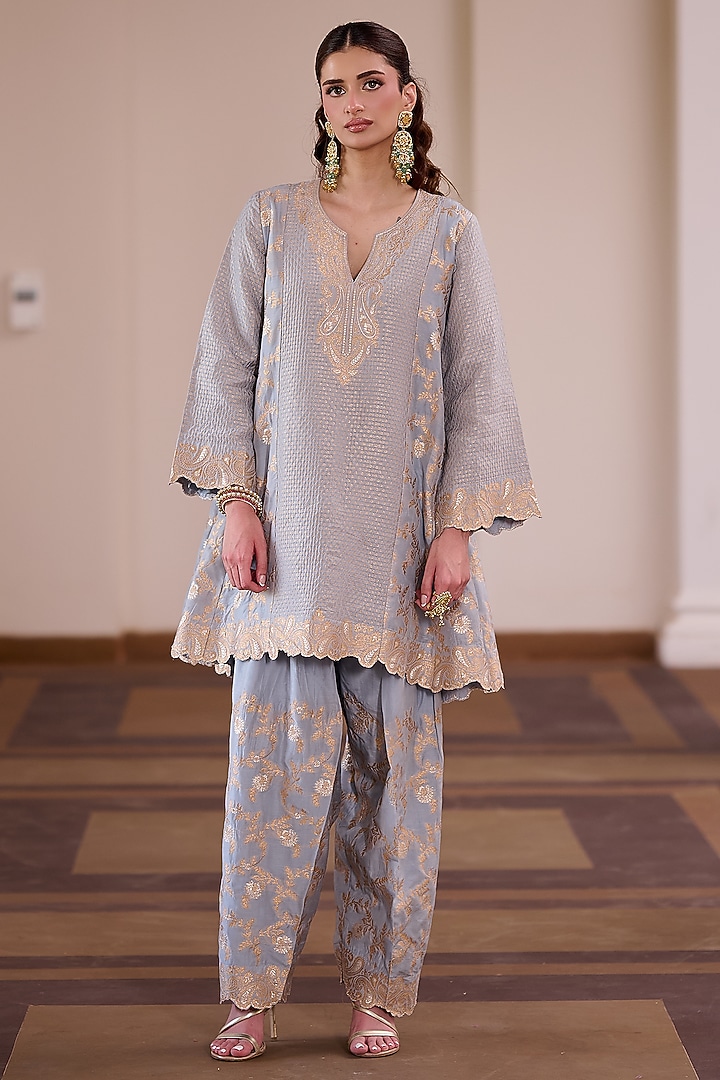 Cloudy Grey Vegan Silk Printed & Embellished Kurta Set by Safaa at Pernia's Pop Up Shop