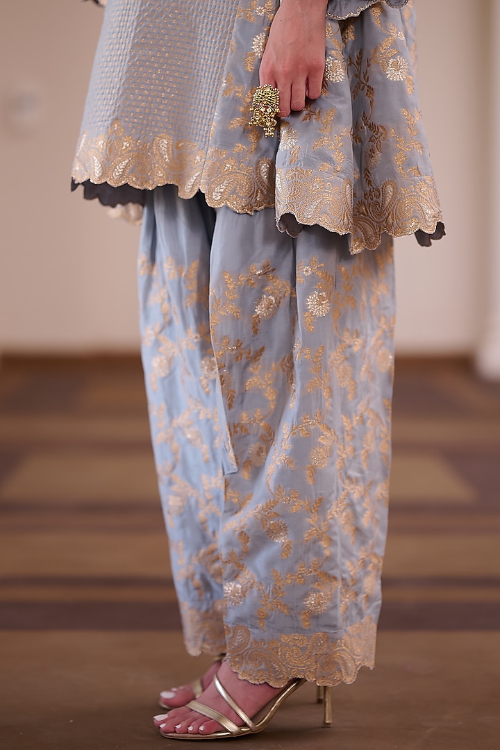 Cloudy Grey Vegan Silk Printed & Embellished Kurta Set by Safaa at Pernia's Pop Up Shop