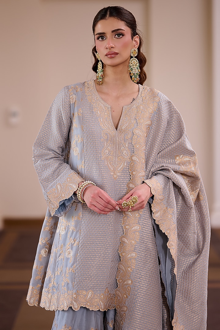 Cloudy Grey Vegan Silk Printed & Embellished Kurta Set by Safaa at Pernia's Pop Up Shop