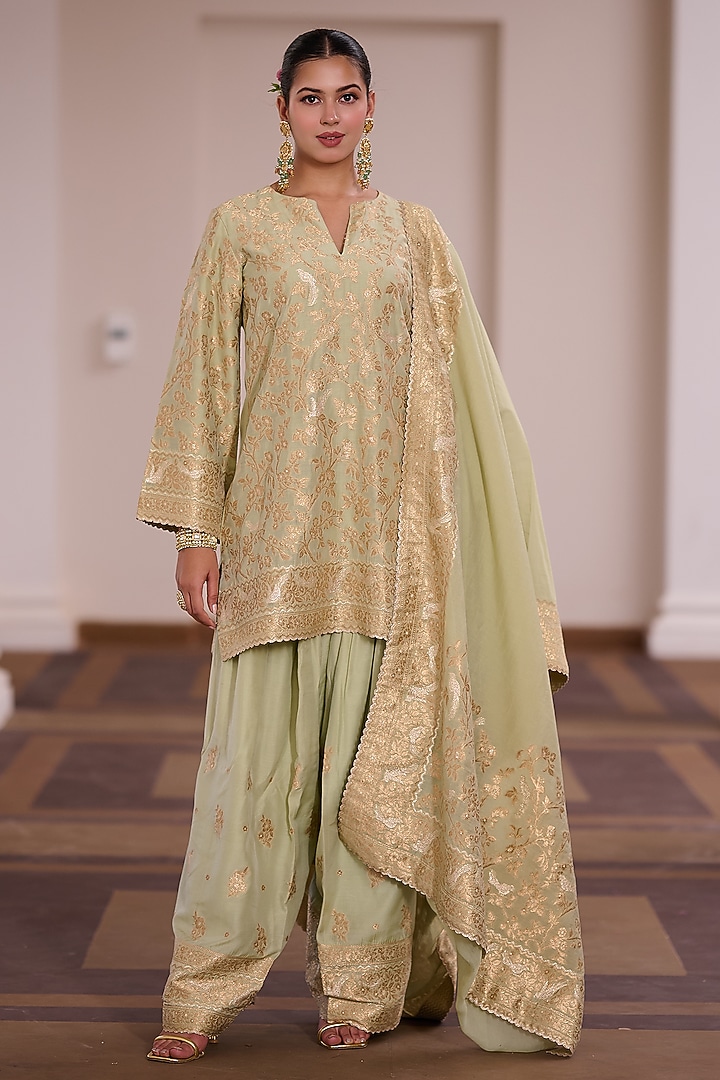 Sage Green Vegan Silk Zari Embellished Kurta Set by Safaa at Pernia's Pop Up Shop