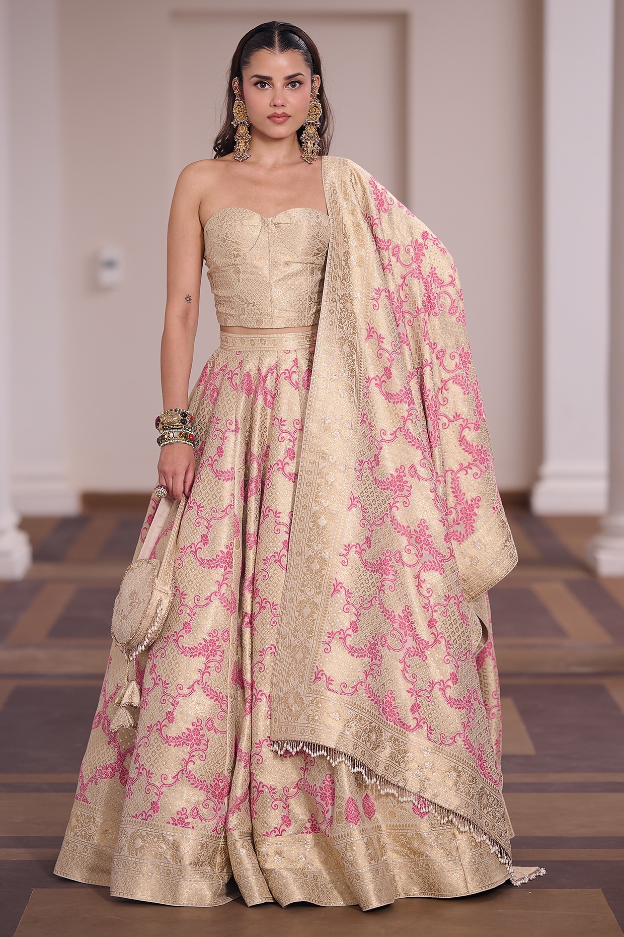 Safaa Ivory & Magenta Vegan Silk Floral Printed Lehenga Set