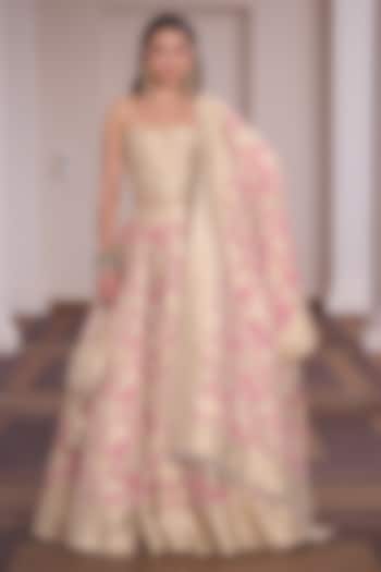 Ivory & Magenta Vegan Silk Floral Printed Wedding Lehenga Set by Safaa at Pernia's Pop Up Shop