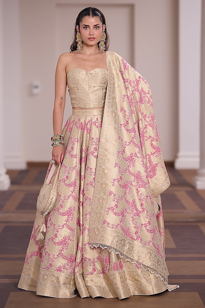 Ivory & Magenta Vegan Silk Floral Printed Wedding Lehenga Set by Safaa at Pernia's Pop Up Shop