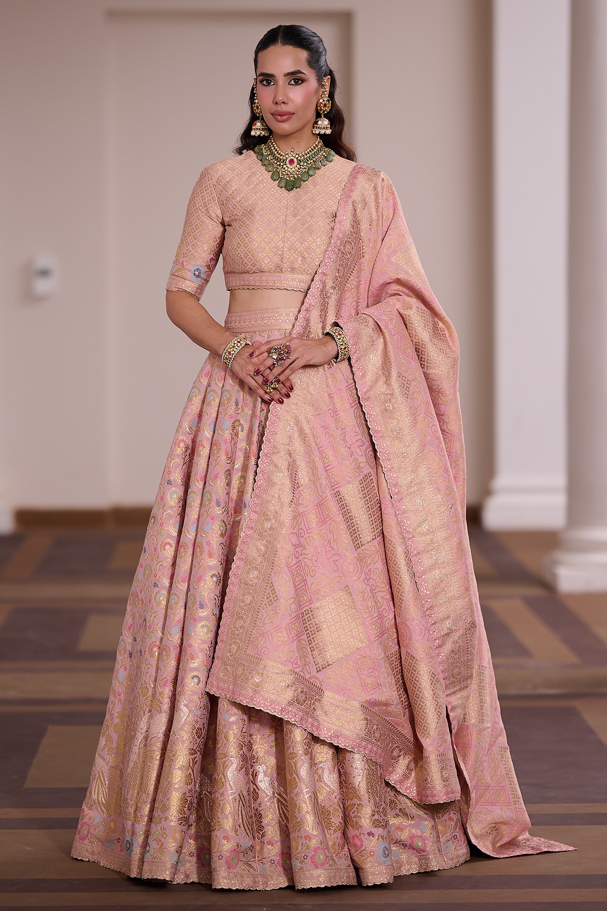 Safaa Pink Moonga Silk Meenakari Work Lehenga Set