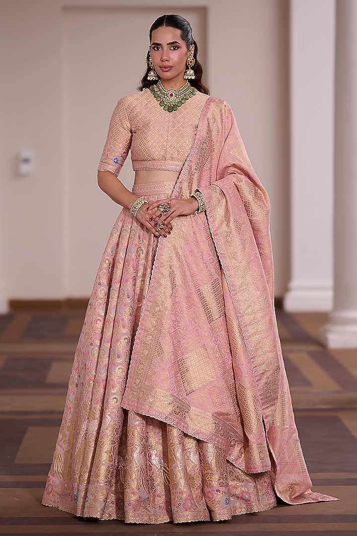 Pink Moonga Silk Meenakari Work Wedding Lehenga Set by Safaa at Pernia's Pop Up Shop
