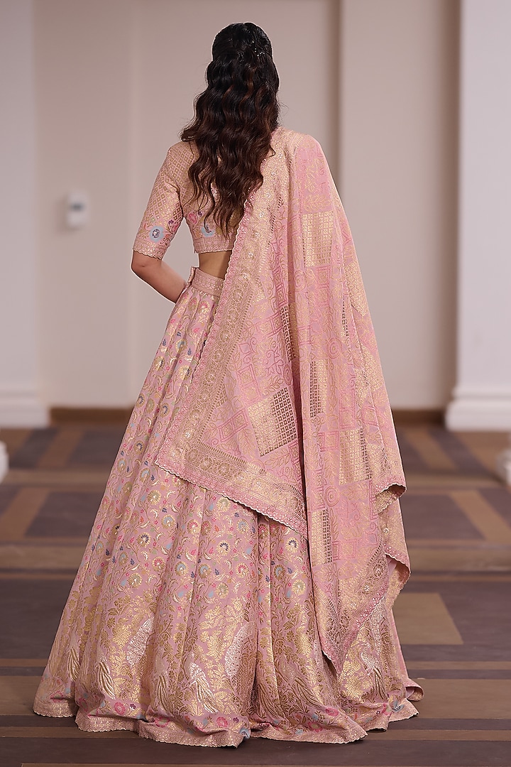 Pink Moonga Silk Meenakari Work Wedding Lehenga Set by Safaa at Pernia's Pop Up Shop