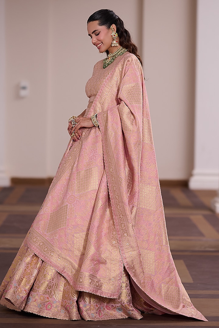 Pink Moonga Silk Meenakari Work Wedding Lehenga Set by Safaa at Pernia's Pop Up Shop