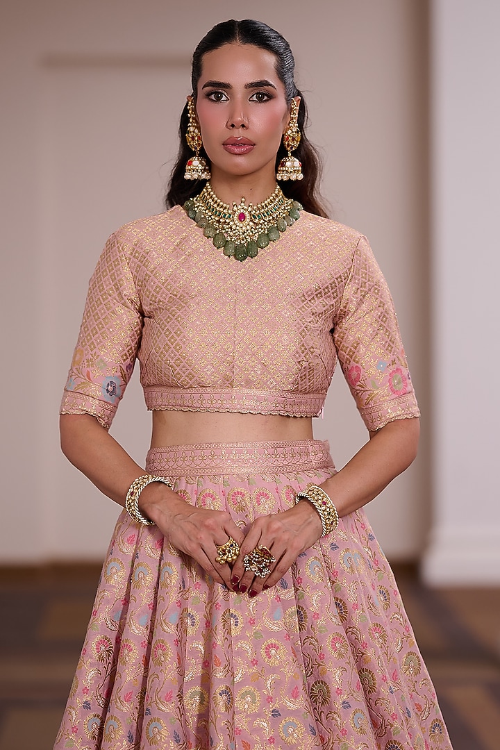 Pink Moonga Silk Meenakari Work Wedding Lehenga Set by Safaa at Pernia's Pop Up Shop