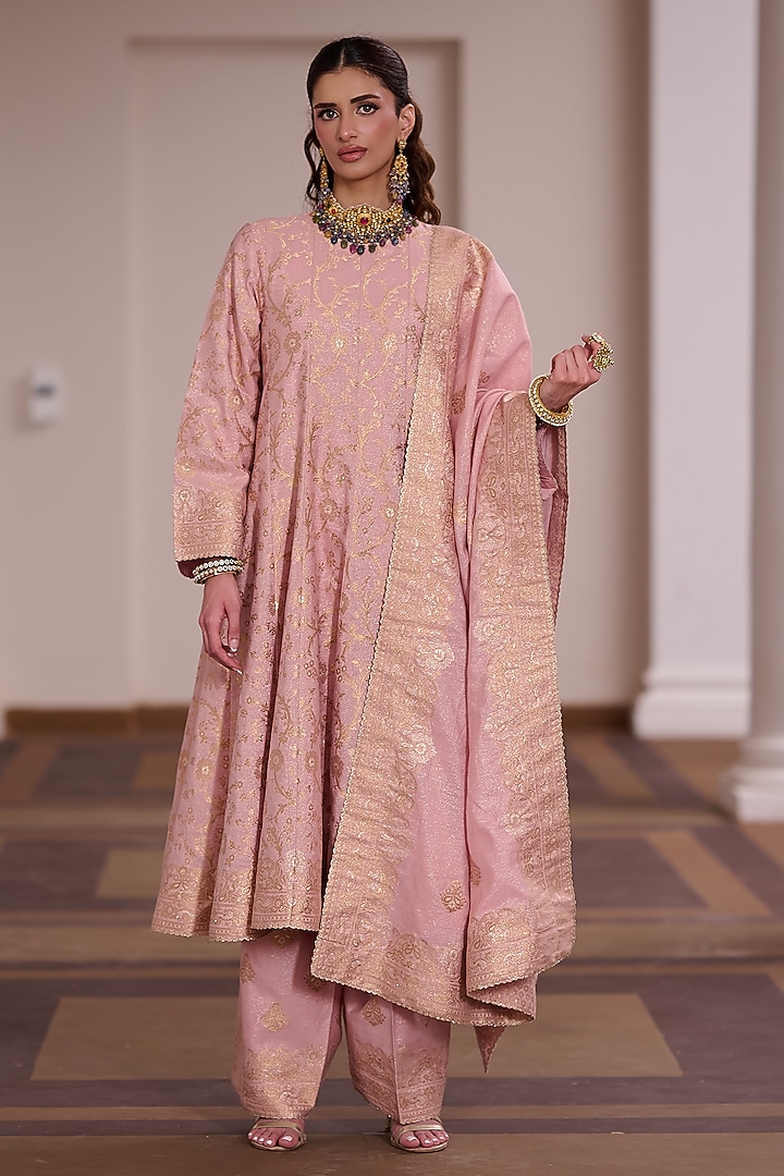 Powder Pink Vegan Silk Zari Embellished Short Wedding Anarkali Set by Safaa at Pernia's Pop Up Shop