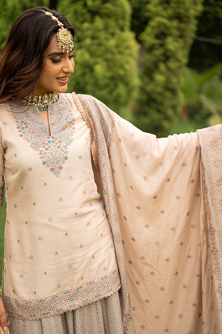 Ecru Vegan Silk Embellished Wedding Sharara Set by Safaa at Pernia's Pop Up Shop