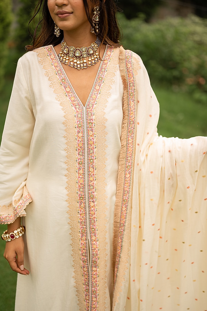 Pearl White Vegan Silk A-Line Kurta Set by Safaa at Pernia's Pop Up Shop