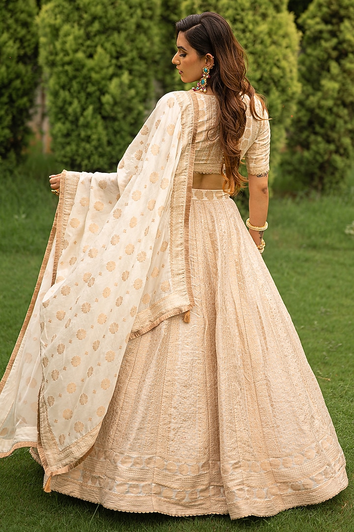 Pearl White Vegan Silk Chikankari Handcrafted Wedding Lehenga Set by Safaa at Pernia's Pop Up Shop