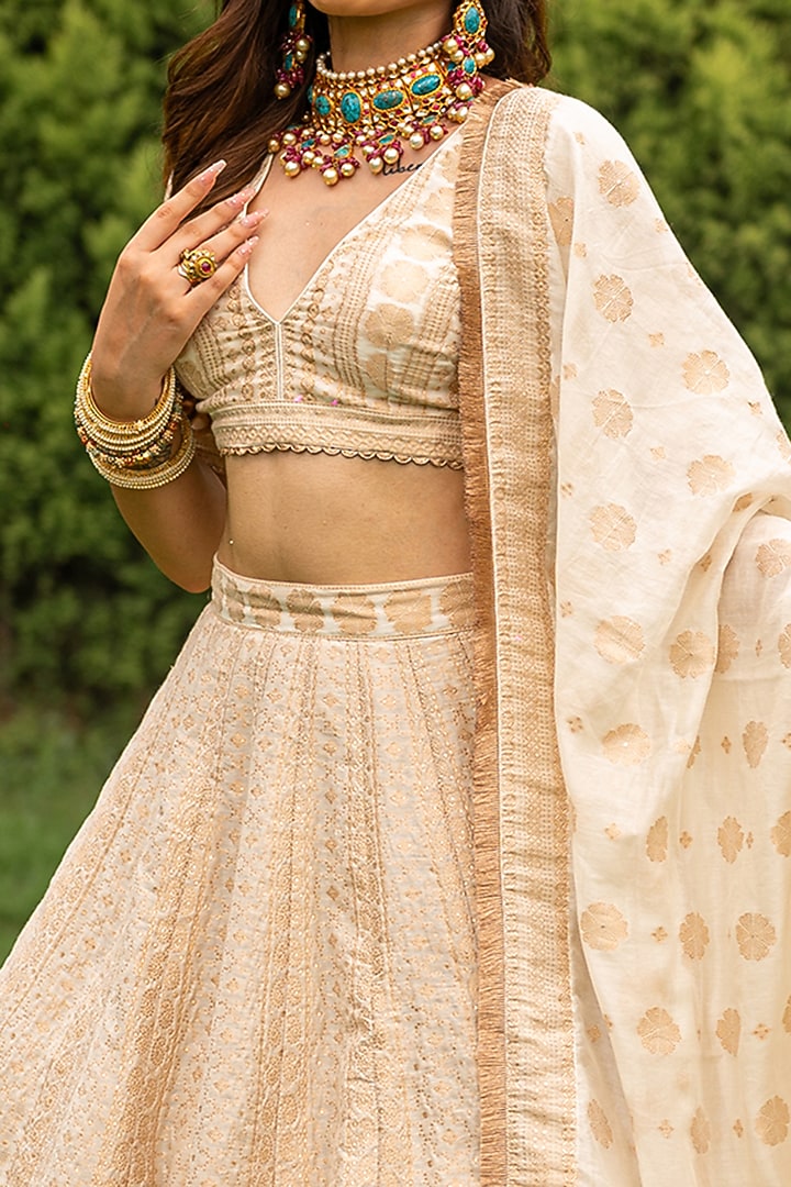 Pearl White Vegan Silk Chikankari Handcrafted Wedding Lehenga Set by Safaa at Pernia's Pop Up Shop