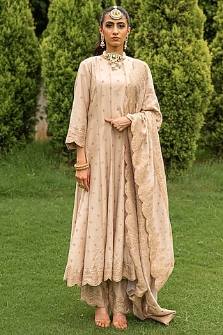 Ecru Vegan Silk Embroidered Anarkali Set by Safaa
