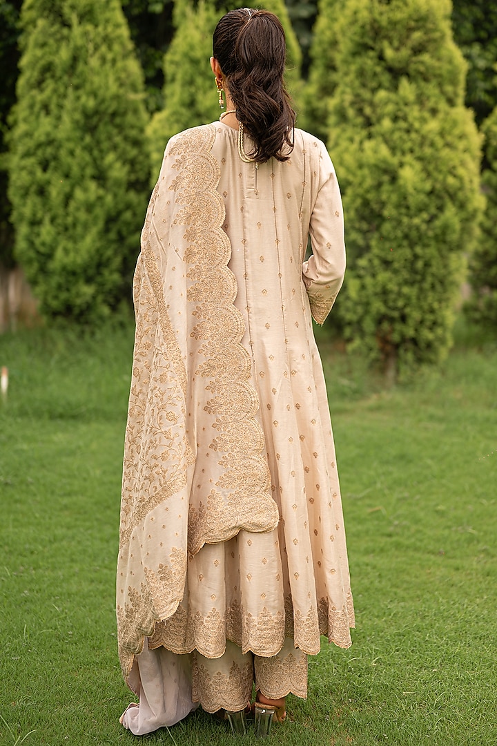 Ecru Vegan Silk Embroidered Wedding Anarkali Set by Safaa at Pernia's Pop Up Shop