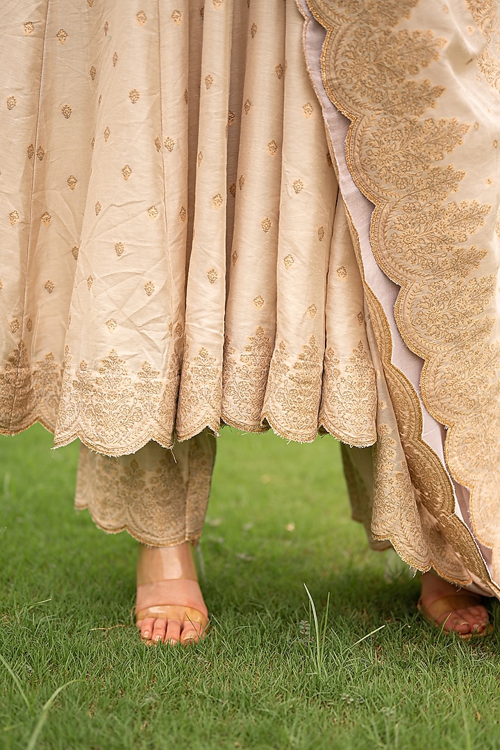 Ecru Vegan Silk Embroidered Wedding Anarkali Set by Safaa at Pernia's Pop Up Shop