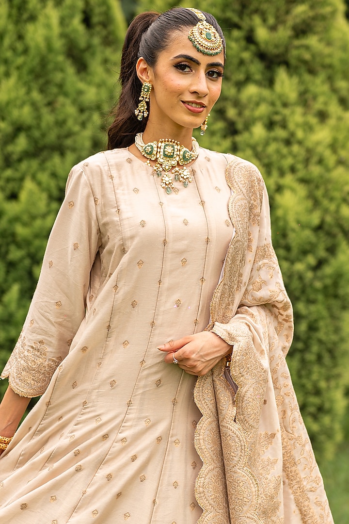 Ecru Vegan Silk Embroidered Wedding Anarkali Set by Safaa at Pernia's Pop Up Shop
