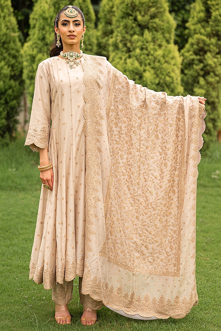 Ecru Vegan Silk Embroidered Wedding Anarkali Set by Safaa at Pernia's Pop Up Shop