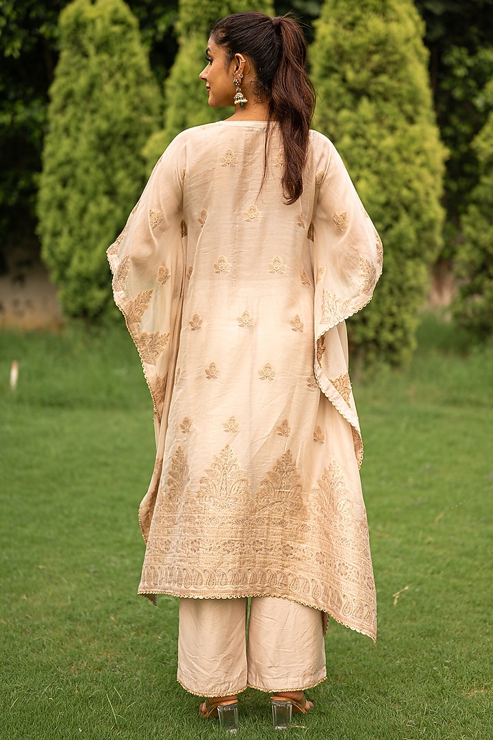 Ecru Vegan Silk Woven Kaftan Set by Safaa at Pernia's Pop Up Shop