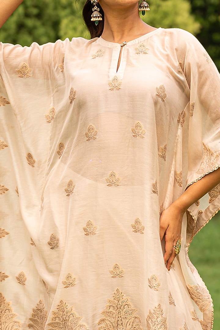 Ecru Vegan Silk Woven Kaftan Set by Safaa at Pernia's Pop Up Shop