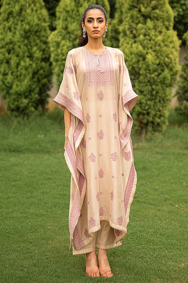 Ecru Vegan Silk Woven Kaftan Set by Safaa