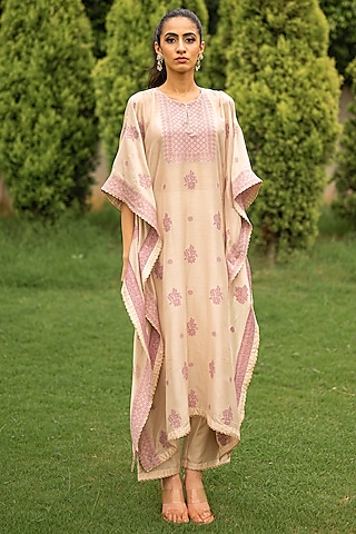 Ecru Vegan Silk Woven Kaftan Set by Safaa
