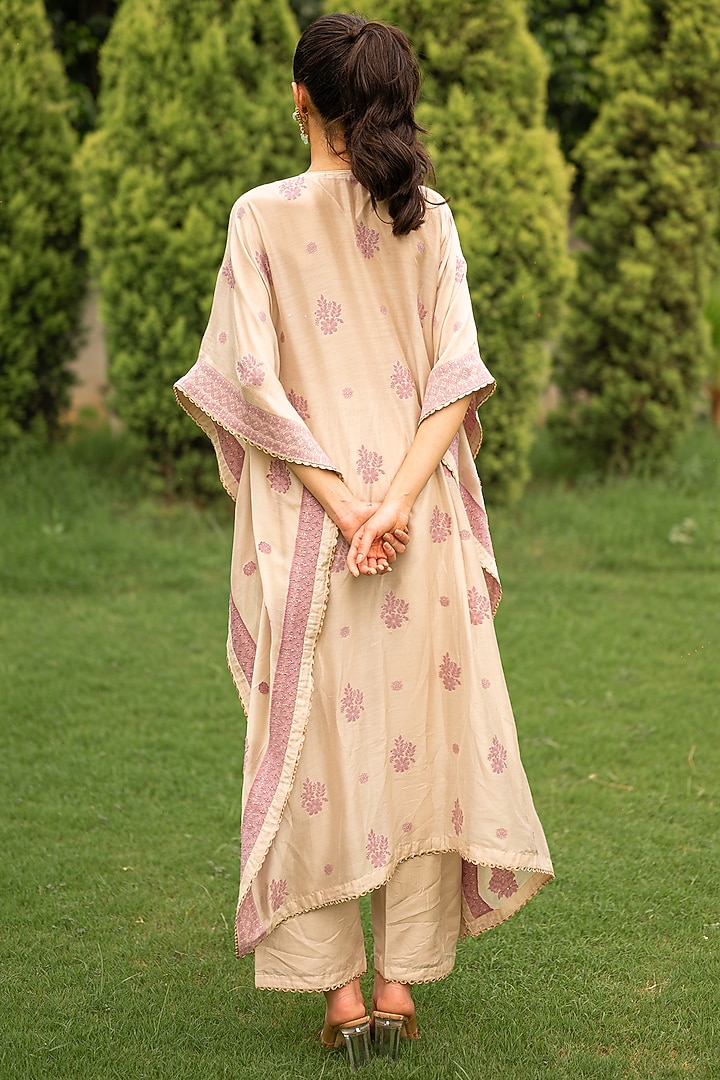 Ecru Vegan Silk Woven Kaftan Set by Safaa at Pernia's Pop Up Shop