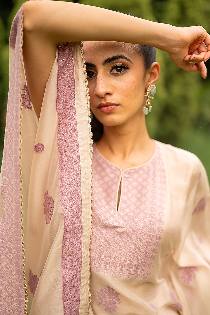 Ecru Vegan Silk Woven Kaftan Set by Safaa at Pernia's Pop Up Shop