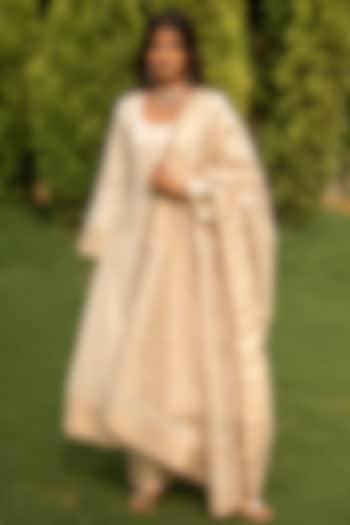 Pearl White Vegan Silk Embroidered Wedding Anarkali Set by Safaa at Pernia's Pop Up Shop