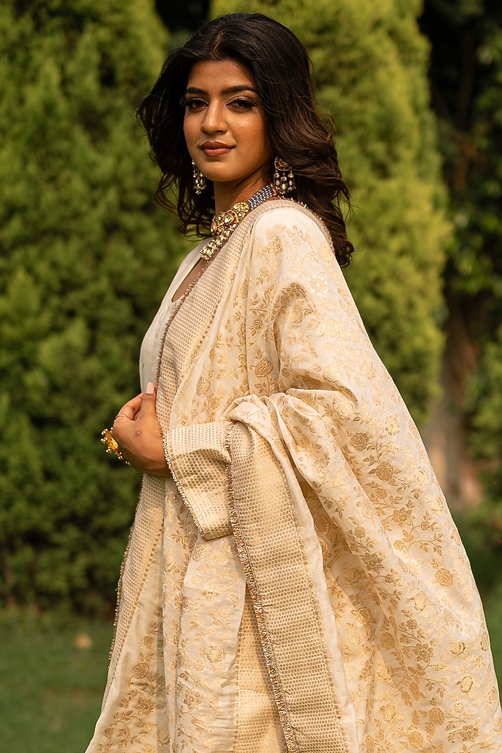 Pearl White Vegan Silk Embroidered Wedding Anarkali Set by Safaa at Pernia's Pop Up Shop