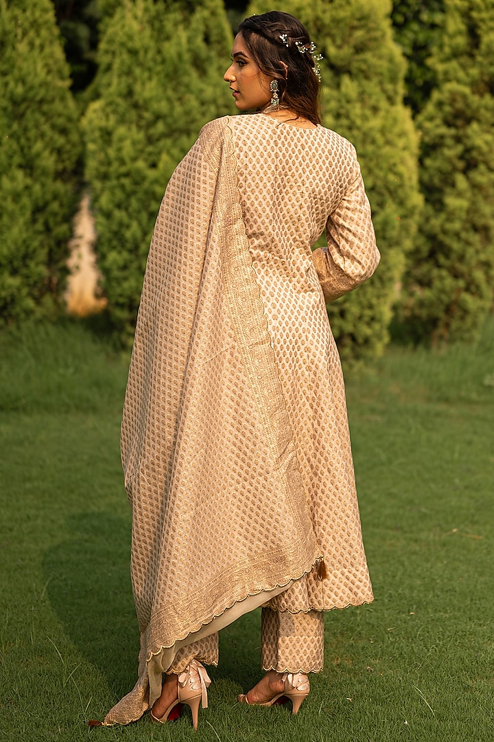 Ecru Vegan Silk Woven Wedding Anarkali Set by Safaa at Pernia's Pop Up Shop