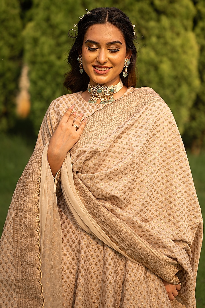 Ecru Vegan Silk Woven Wedding Anarkali Set by Safaa at Pernia's Pop Up Shop