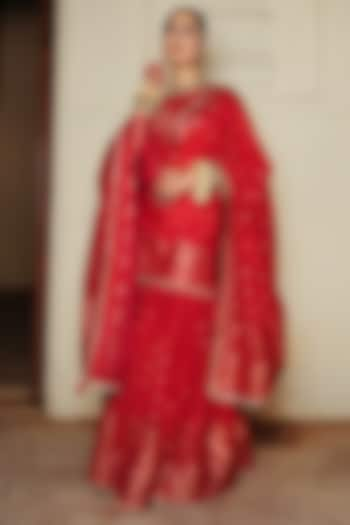 Red Vegan Silk Woven Gharara Set by Safaa