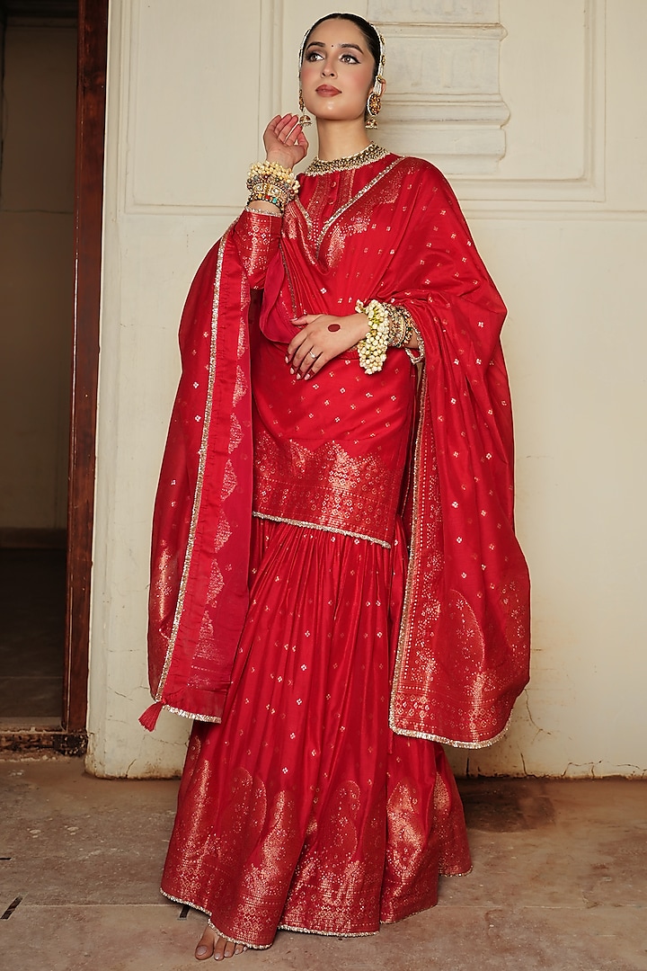 Red Vegan Silk Woven Gharara Set by Safaa