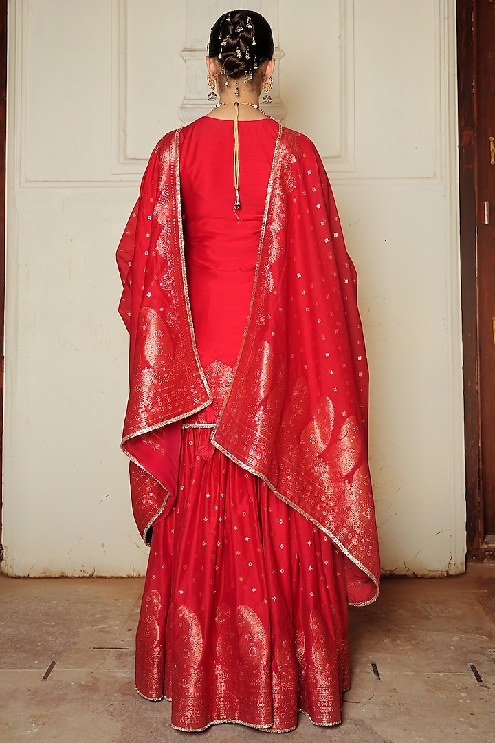 Red Vegan Silk Woven Gharara Set by Safaa at Pernia's Pop Up Shop