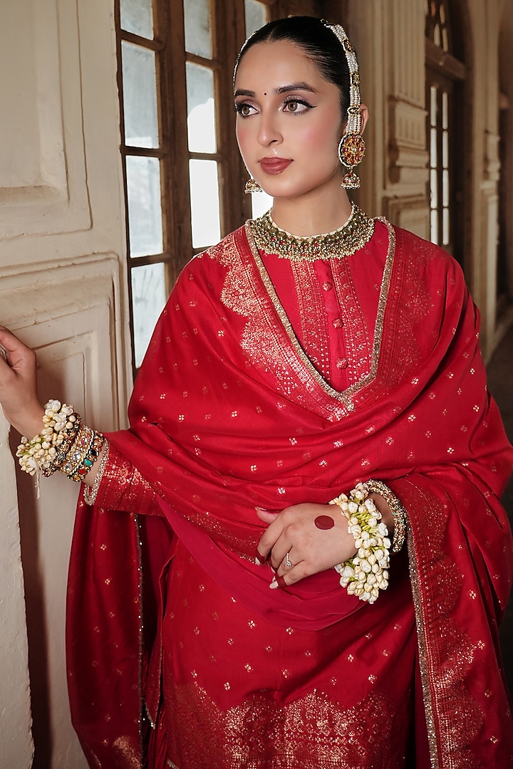 Red Vegan Silk Woven Gharara Set by Safaa at Pernia's Pop Up Shop