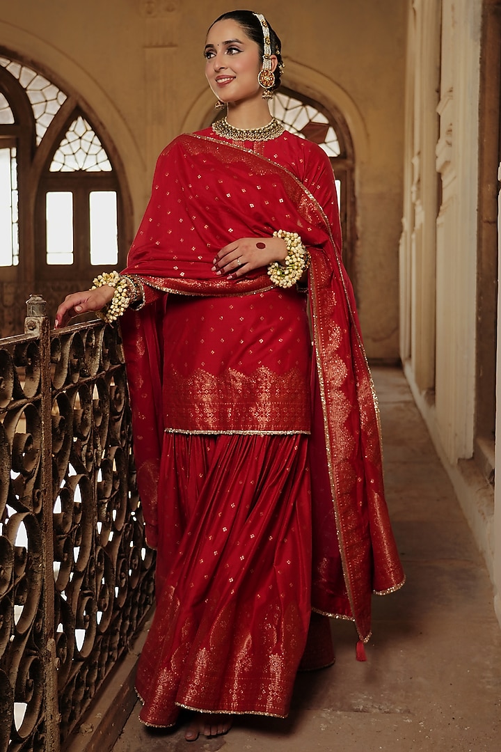 Red Vegan Silk Woven Gharara Set by Safaa at Pernia's Pop Up Shop