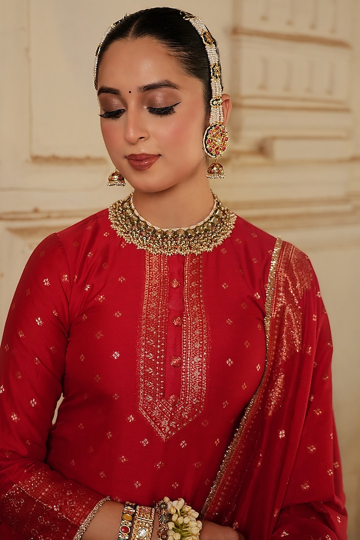 Red Vegan Silk Woven Gharara Set by Safaa at Pernia's Pop Up Shop