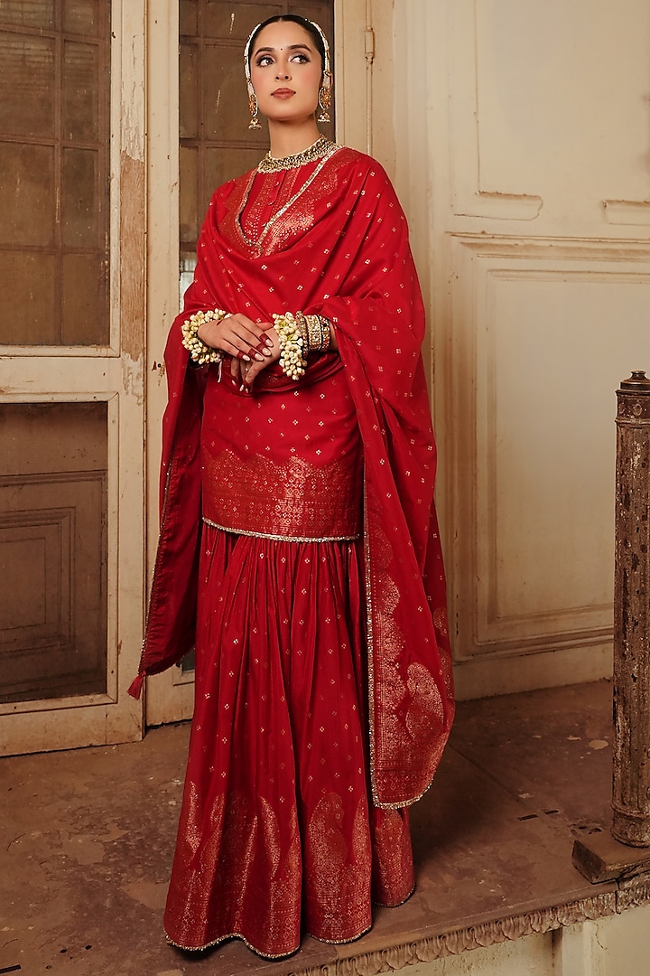 Red Vegan Silk Woven Gharara Set by Safaa at Pernia's Pop Up Shop