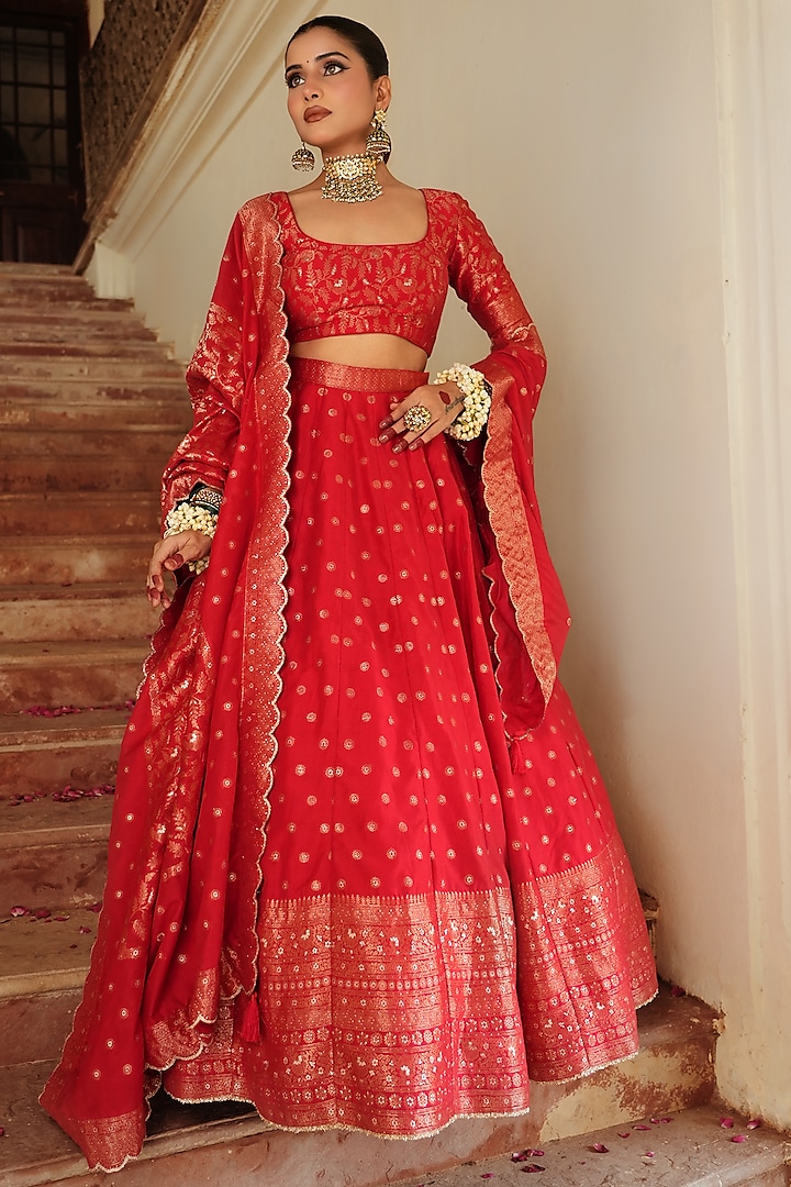 Red Vegan Silk Floral Boota Wedding Lehenga Set by Safaa at Pernia's Pop Up Shop