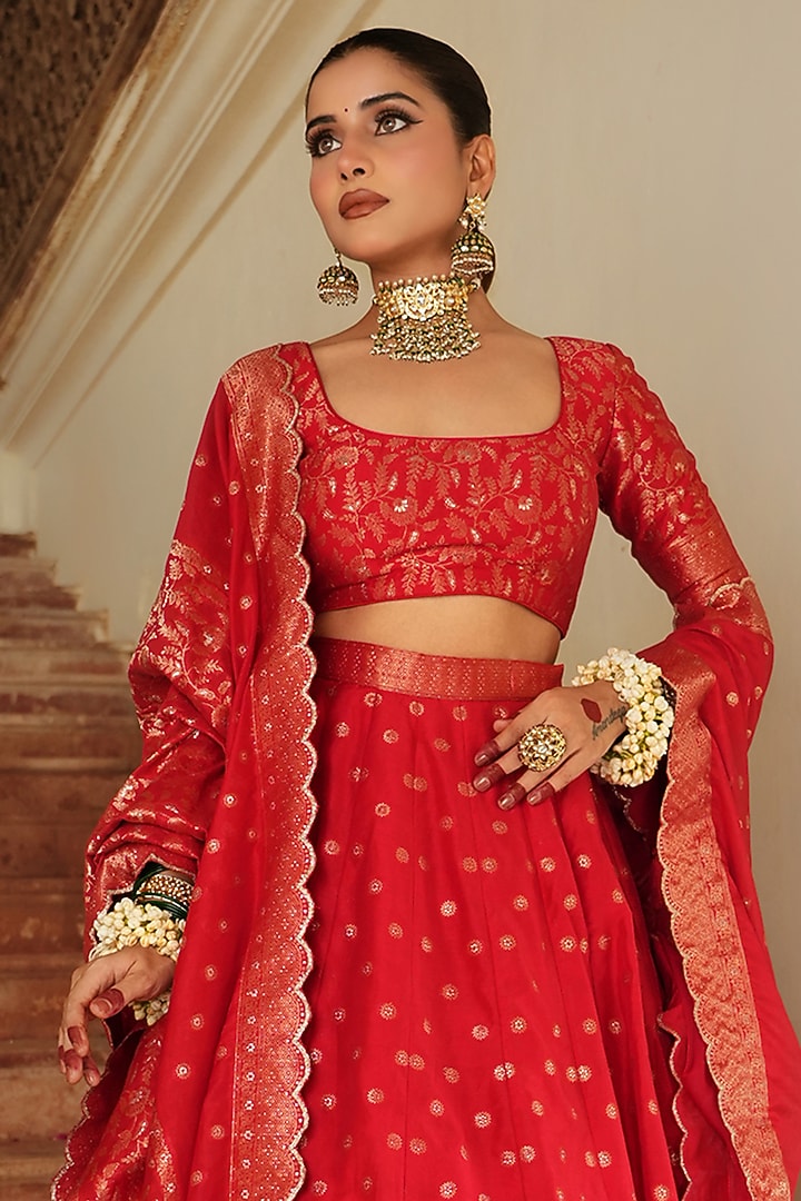 Red Vegan Silk Floral Boota Wedding Lehenga Set by Safaa at Pernia's Pop Up Shop