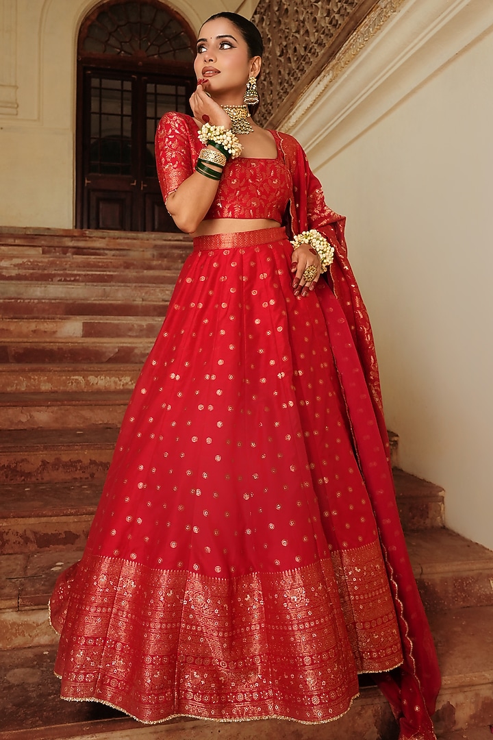 Red Vegan Silk Floral Boota Wedding Lehenga Set by Safaa at Pernia's Pop Up Shop